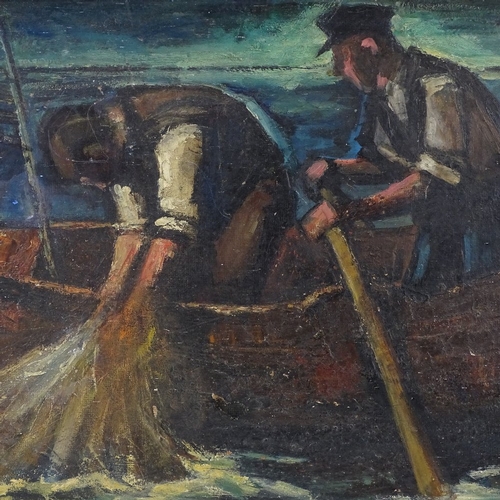 1264 - Mid-20th century oil on board, fishermen landing nets, indistinctly signed, 20