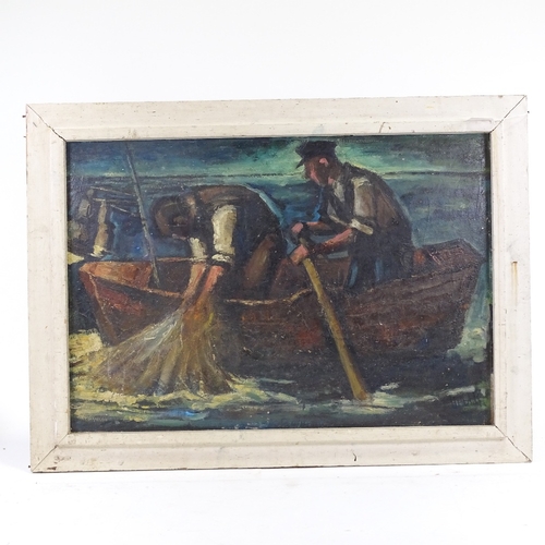 1264 - Mid-20th century oil on board, fishermen landing nets, indistinctly signed, 20