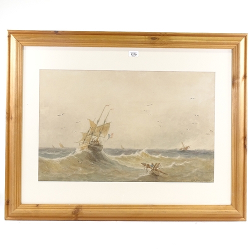 1279 - E Ravenscroft, watercolour, shipwreck, signed, 16.5