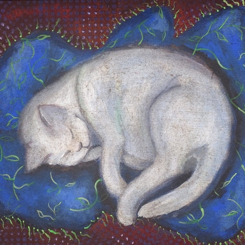 1281 - Modern oil on canvas, sleeping cat, indistinctly signed, 12