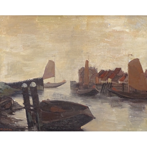 1292 - M Dutriell, oil on canvas, Continental harbour, signed, 15.5