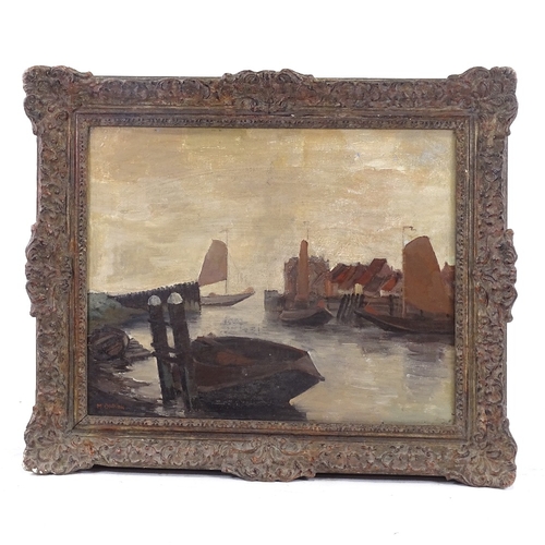 1292 - M Dutriell, oil on canvas, Continental harbour, signed, 15.5