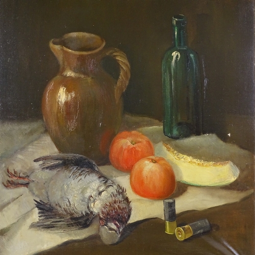 1293 - Oil on canvas, kitchen still life, indistinctly signed, 29