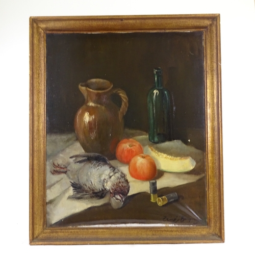 1293 - Oil on canvas, kitchen still life, indistinctly signed, 29