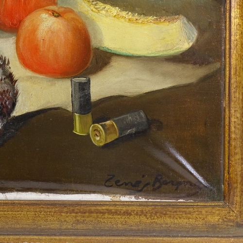 1293 - Oil on canvas, kitchen still life, indistinctly signed, 29