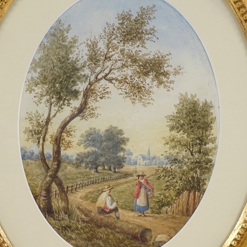 1299 - 19th century oval watercolour, country scene, signed with monogram EW, dated 1867, 10