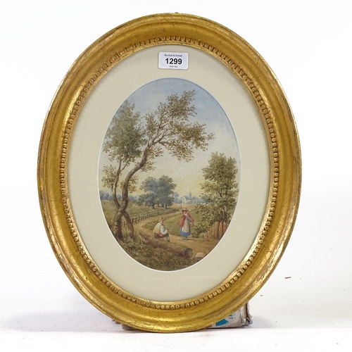 1299 - 19th century oval watercolour, country scene, signed with monogram EW, dated 1867, 10