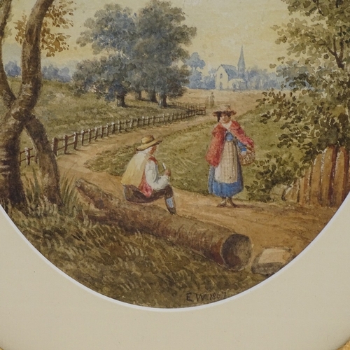 1299 - 19th century oval watercolour, country scene, signed with monogram EW, dated 1867, 10