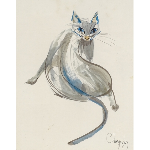 1309 - Chrysty, watercolour, cat, signed, 14