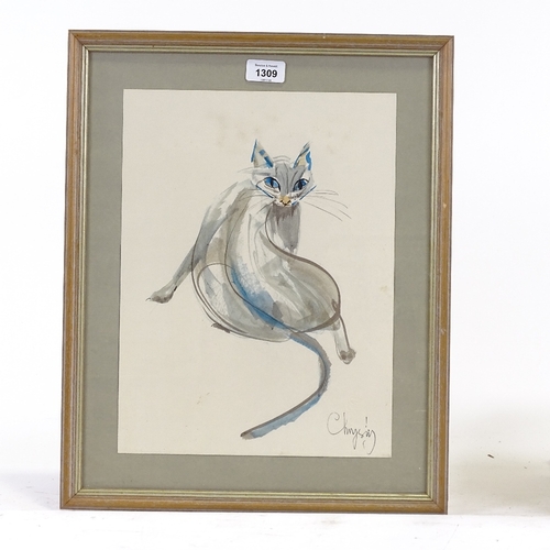 1309 - Chrysty, watercolour, cat, signed, 14