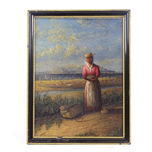 1312 - R Wailes, oil on board, woman on the coast, 1917, 16