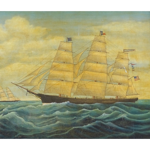 1195 - Modern oil on canvas, 3-masted sailing ship The Andrew Jackson, unsigned, 20