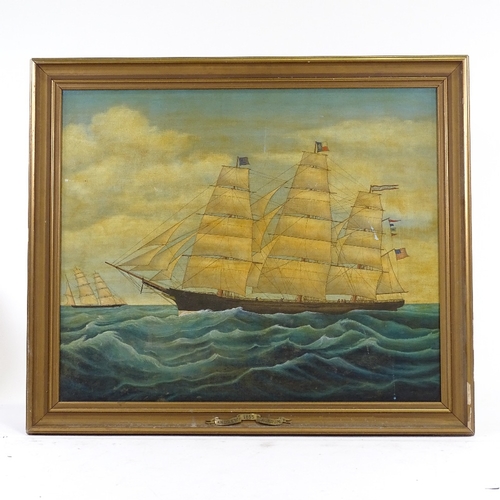 1195 - Modern oil on canvas, 3-masted sailing ship The Andrew Jackson, unsigned, 20