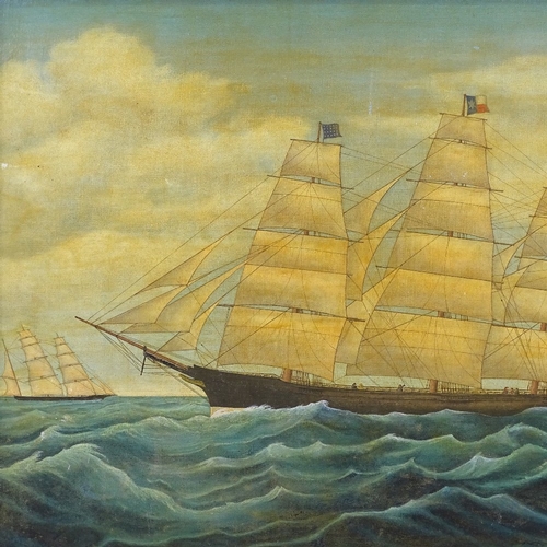 1195 - Modern oil on canvas, 3-masted sailing ship The Andrew Jackson, unsigned, 20