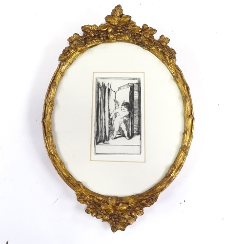 1196 - Small etching, cherub, unsigned, in ornate gilt-gesso vine leaf frame, overall frame height 13