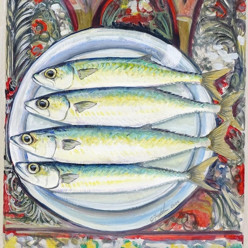 1201 - Clive Fredriksson, oil on board, fish on a plate, overall 16