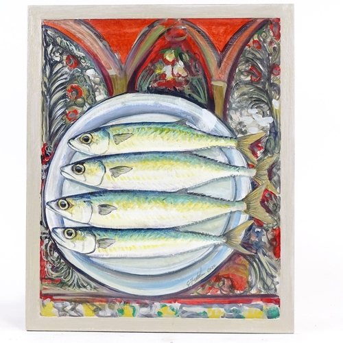 1201 - Clive Fredriksson, oil on board, fish on a plate, overall 16