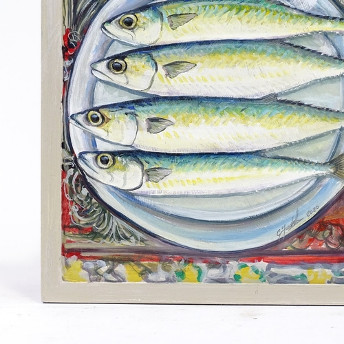 1201 - Clive Fredriksson, oil on board, fish on a plate, overall 16