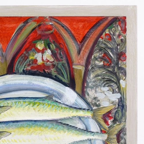 1201 - Clive Fredriksson, oil on board, fish on a plate, overall 16