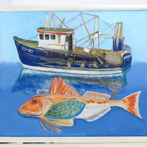 1202 - Clive Fredriksson, a pair of oils on board, big fish, overall 20