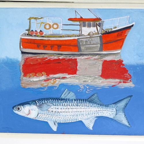 1202 - Clive Fredriksson, a pair of oils on board, big fish, overall 20