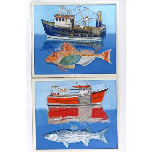 1202 - Clive Fredriksson, a pair of oils on board, big fish, overall 20