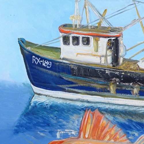 1202 - Clive Fredriksson, a pair of oils on board, big fish, overall 20