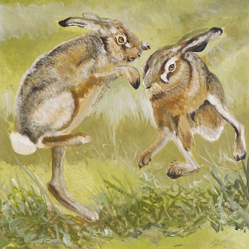 1203 - Clive Fredriksson, oil on canvas, march hares, overall 26