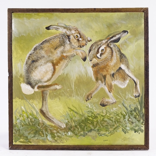 1203 - Clive Fredriksson, oil on canvas, march hares, overall 26