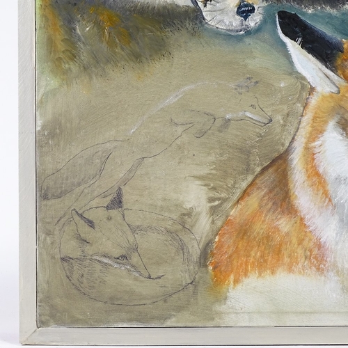 1204 - Clive Fredriksson, oil on canvas, foxes, overall 33