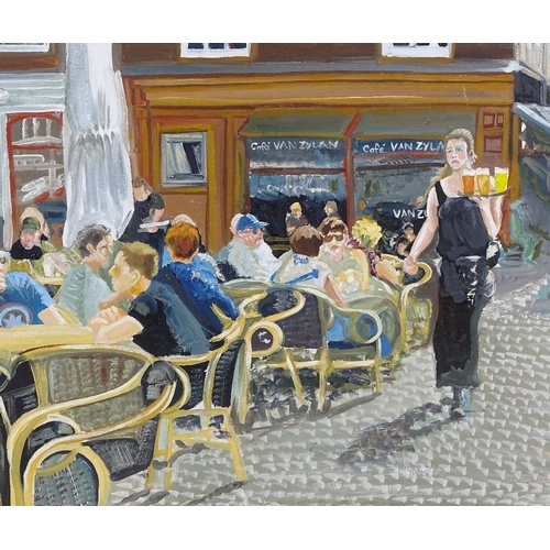 1205 - Clive Fredriksson, oil on canvas, cafe scene, overall 20