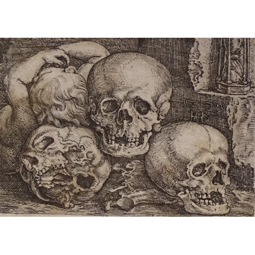 1222 - Barthel Beham (1502 - 1540), miniature engraving, child with 3 skulls, image 1.75