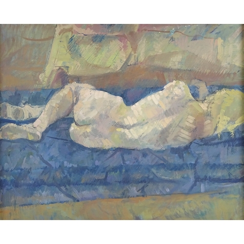 1229 - Mid-20th century oil on board, reclining nude, unsigned, 19