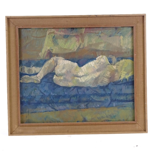 1229 - Mid-20th century oil on board, reclining nude, unsigned, 19