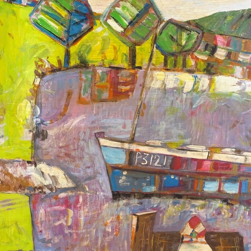 1233 - Cornish School, acrylic on board, evening harbour Penzance, signed with monogram, 27