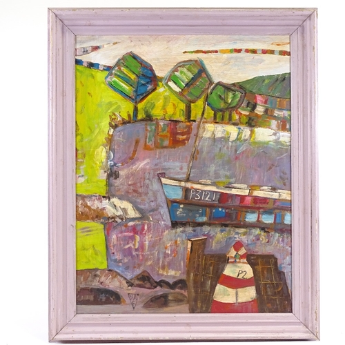 1233 - Cornish School, acrylic on board, evening harbour Penzance, signed with monogram, 27