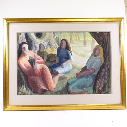 1234 - Colette Fontaine, gouache, figures in woodland, signed, 19