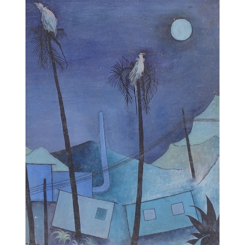 1247 - Gouache on board, moonlit abstract landscape, unsigned, 19