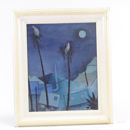 1247 - Gouache on board, moonlit abstract landscape, unsigned, 19