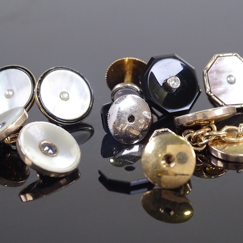 596 - Various Art Deco 9ct and unmarked gold stone set cufflinks, dress studs and buttons, stones include ... 