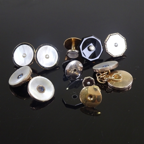 596 - Various Art Deco 9ct and unmarked gold stone set cufflinks, dress studs and buttons, stones include ... 