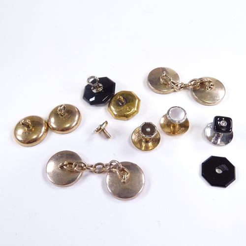 596 - Various Art Deco 9ct and unmarked gold stone set cufflinks, dress studs and buttons, stones include ... 