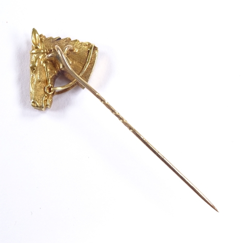 602 - A 14ct gold figural horsehead racing stick pin, realistically formed, overall length 65.1mm, 5.6g