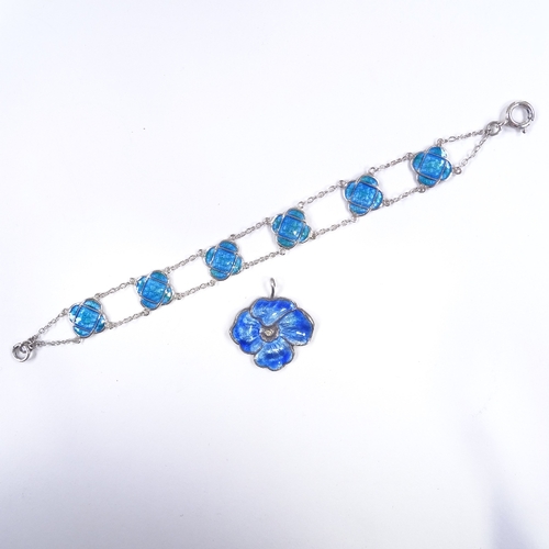 604 - An Arts and Crafts sterling silver and blue enamel panel bracelet, and a Continental silver and enam... 