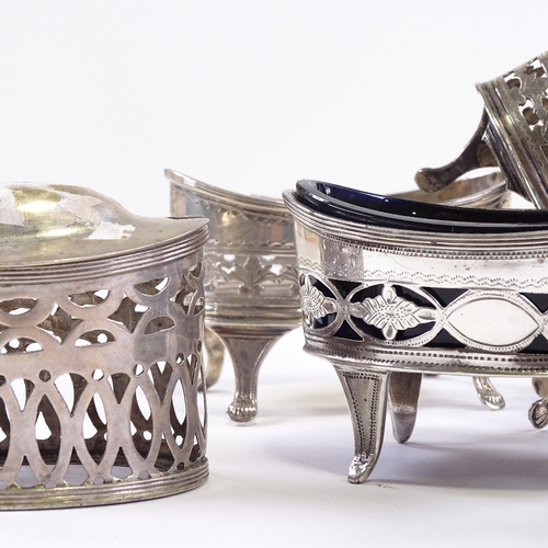 610 - Various silver cruets, including 1820 cylindrical mustard pot, pair of 1896 salt cellars, etc, 11.1o... 