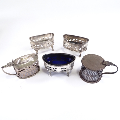 610 - Various silver cruets, including 1820 cylindrical mustard pot, pair of 1896 salt cellars, etc, 11.1o... 