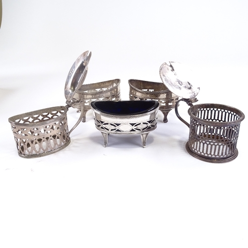 610 - Various silver cruets, including 1820 cylindrical mustard pot, pair of 1896 salt cellars, etc, 11.1o... 