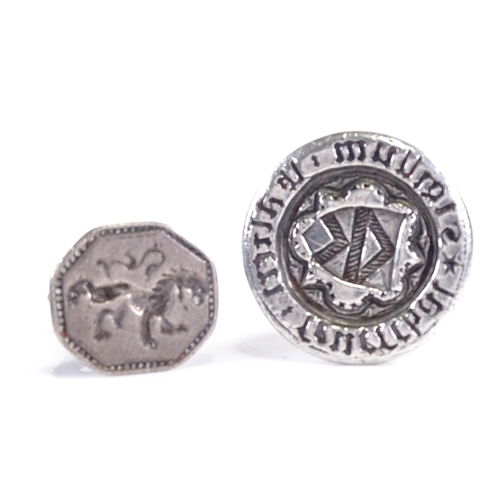 611 - A fine Renaissance unmarked silver fob seal with Latin script and armorial, another unmarked Antique... 