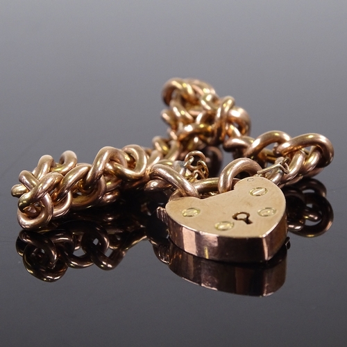 617 - A 9ct rose gold heart padlock charm bracelet, bracelet length 15cm, 10.8g