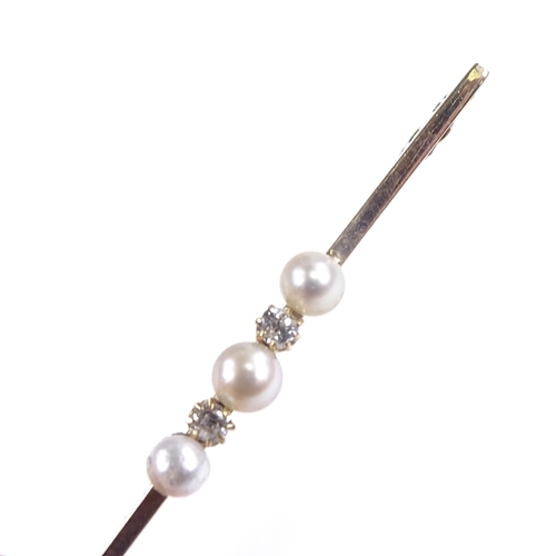 621 - A 9ct gold 5-stone pearl and diamond bar brooch, maker's marks PP Ltd, brooch length 51mm, 3.3g